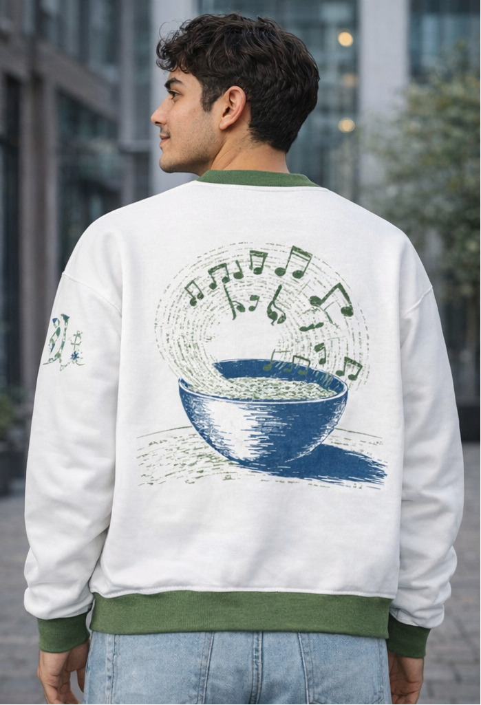 Sweat tricoté unisexe blanc et vert « Intemporel » – col ras du cou