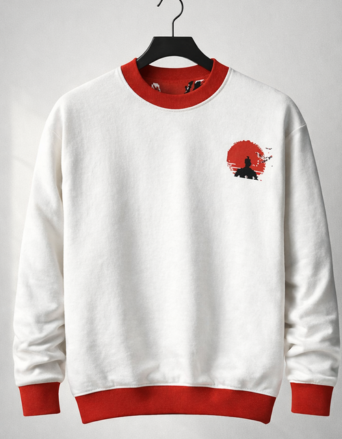 Sweat tricoté unisexe blanc et rouge – col ras du cou, envol graphique au dos