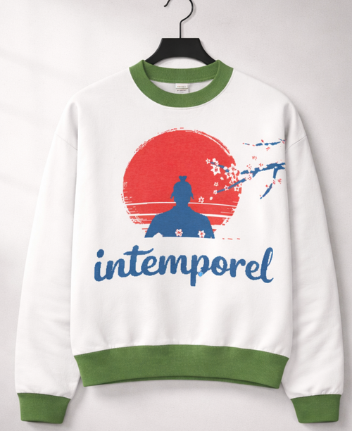 Sweat tricoté unisexe blanc et vert « Intemporel » – col ras du cou