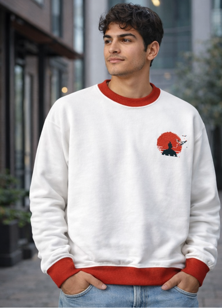 Sweat tricoté unisexe blanc et rouge – col ras du cou, envol graphique au dos